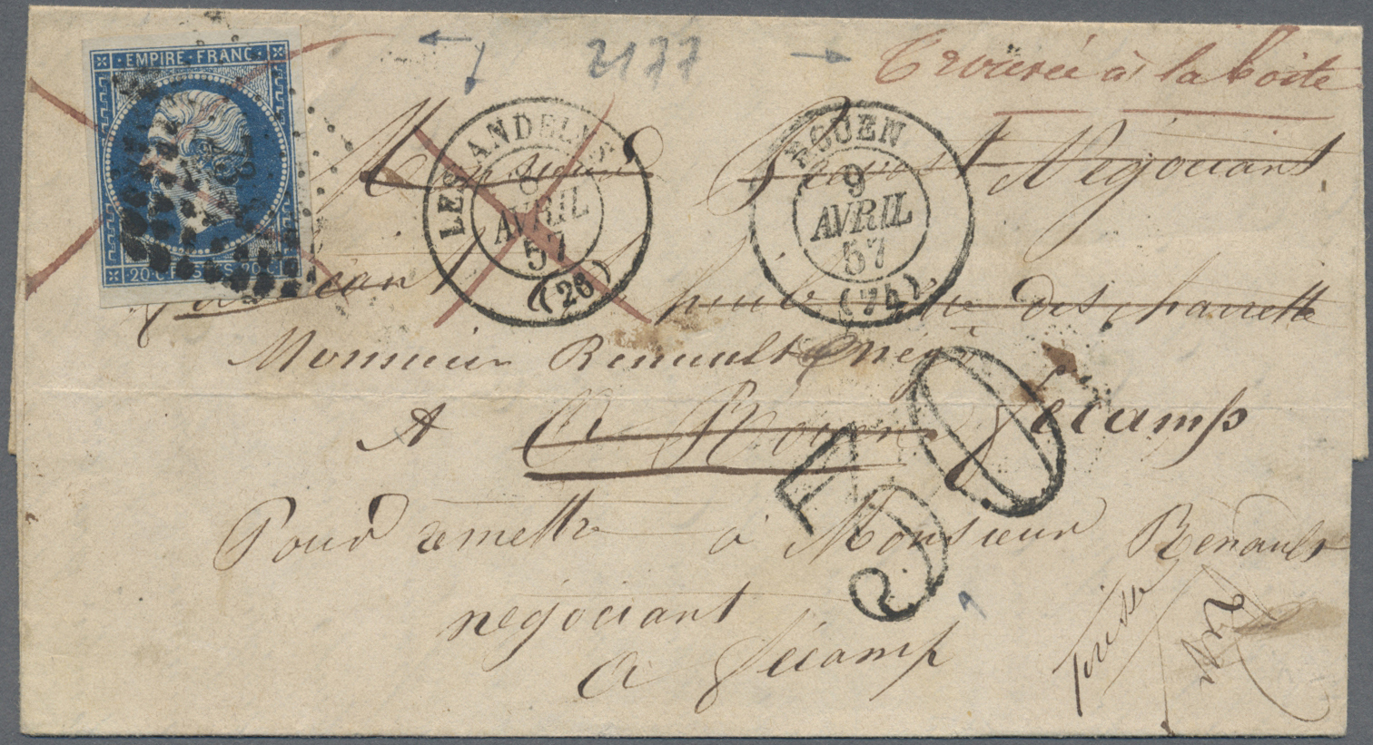 Br Frankreich: 1856/1872, group of seven insufficiently paid entires showing an attractive range of pos