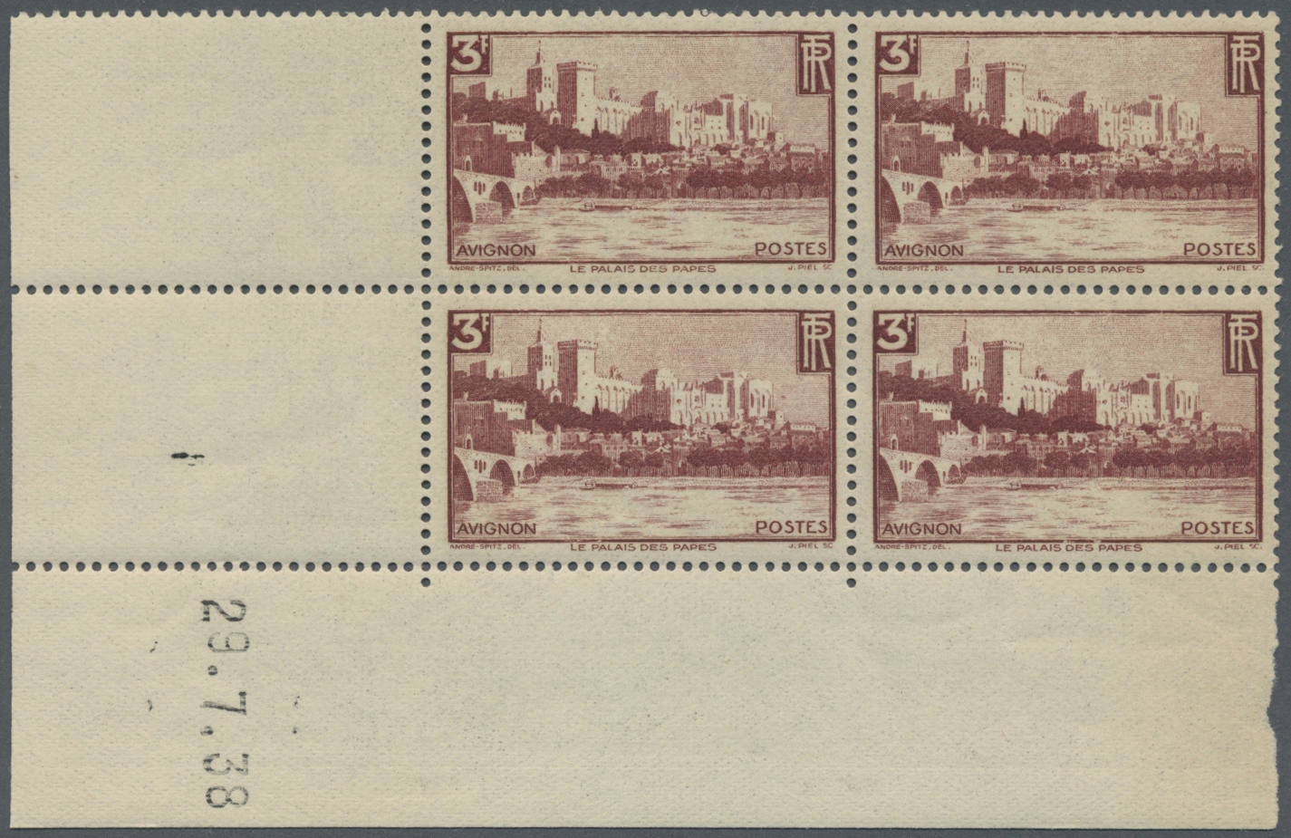 **/* Frankreich: 1938, Freimarke 3 Fr. 'Avignon' Bestand Mit 38 Viererblocks Aus Der Linken Unteren Bogen - Used Stamps