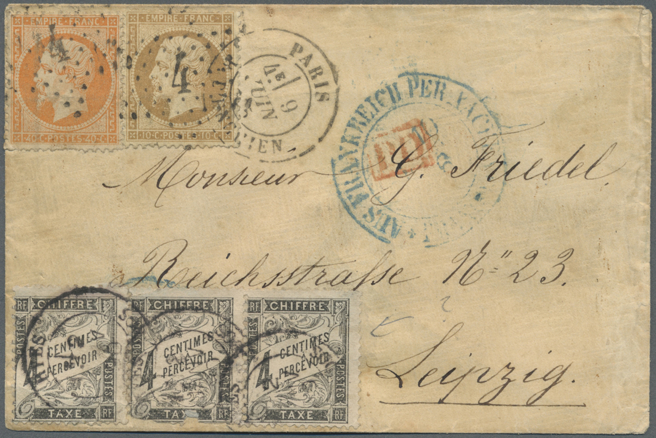 Br Frankreich - Portomarken: 1857/1867, Lot Of Three Entires To Germany Bearing Frankings "Empire Nd" A - 1859-1959 Storia Postale