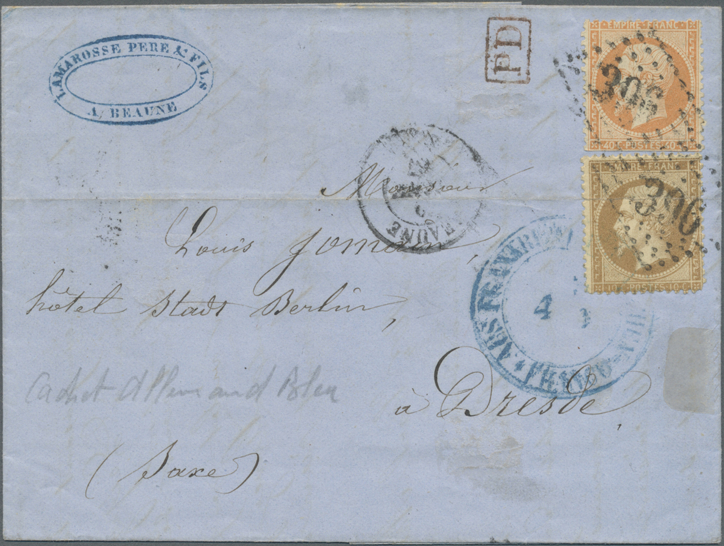 Br Frankreich - Portomarken: 1857/1867, Lot Of Three Entires To Germany Bearing Frankings "Empire Nd" A - 1859-1959 Storia Postale