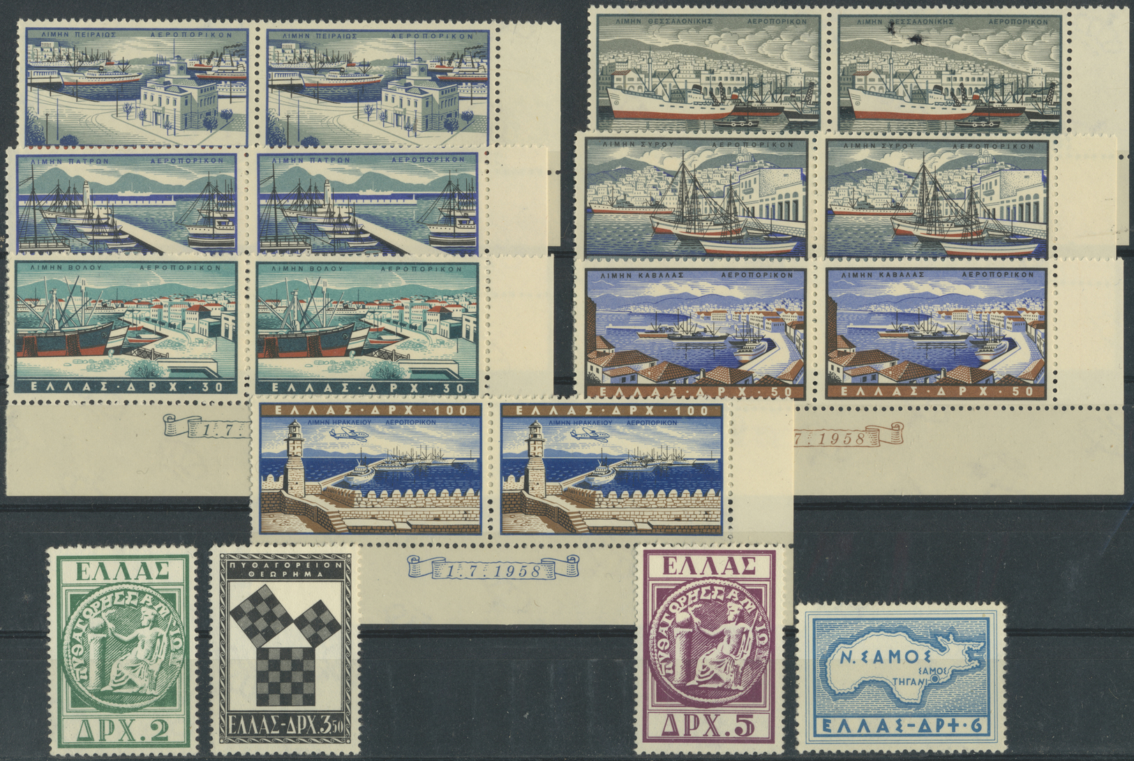 ** Griechenland: 1933/58, Nette Partie Postfrischer Ausgaben Wie Folgt: Mi'Nr. 355-61 Viererblock, 632- - Covers & Documents