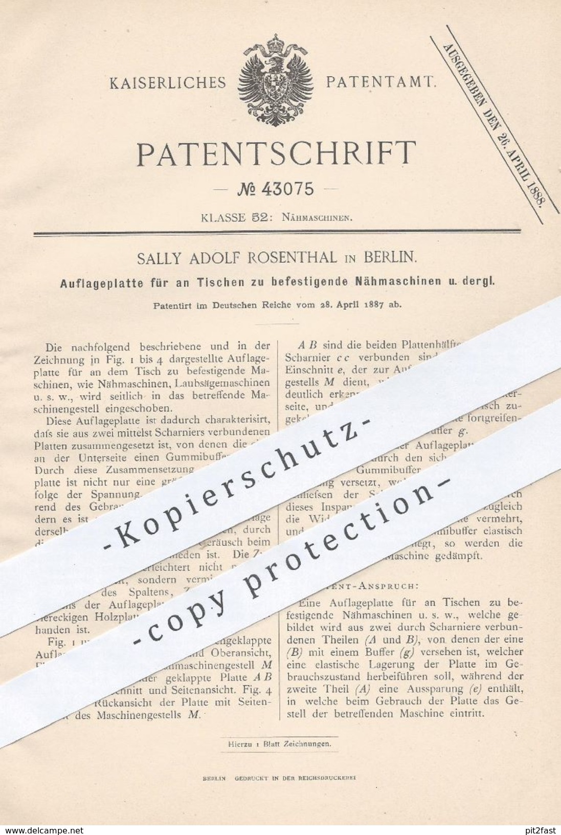 Original Patent - Sally Adolf Rosenthal , Berlin , 1887 , Platte Für Am Tisch Befestigte Nähmaschine | Nähmaschinen !!! - Documents Historiques