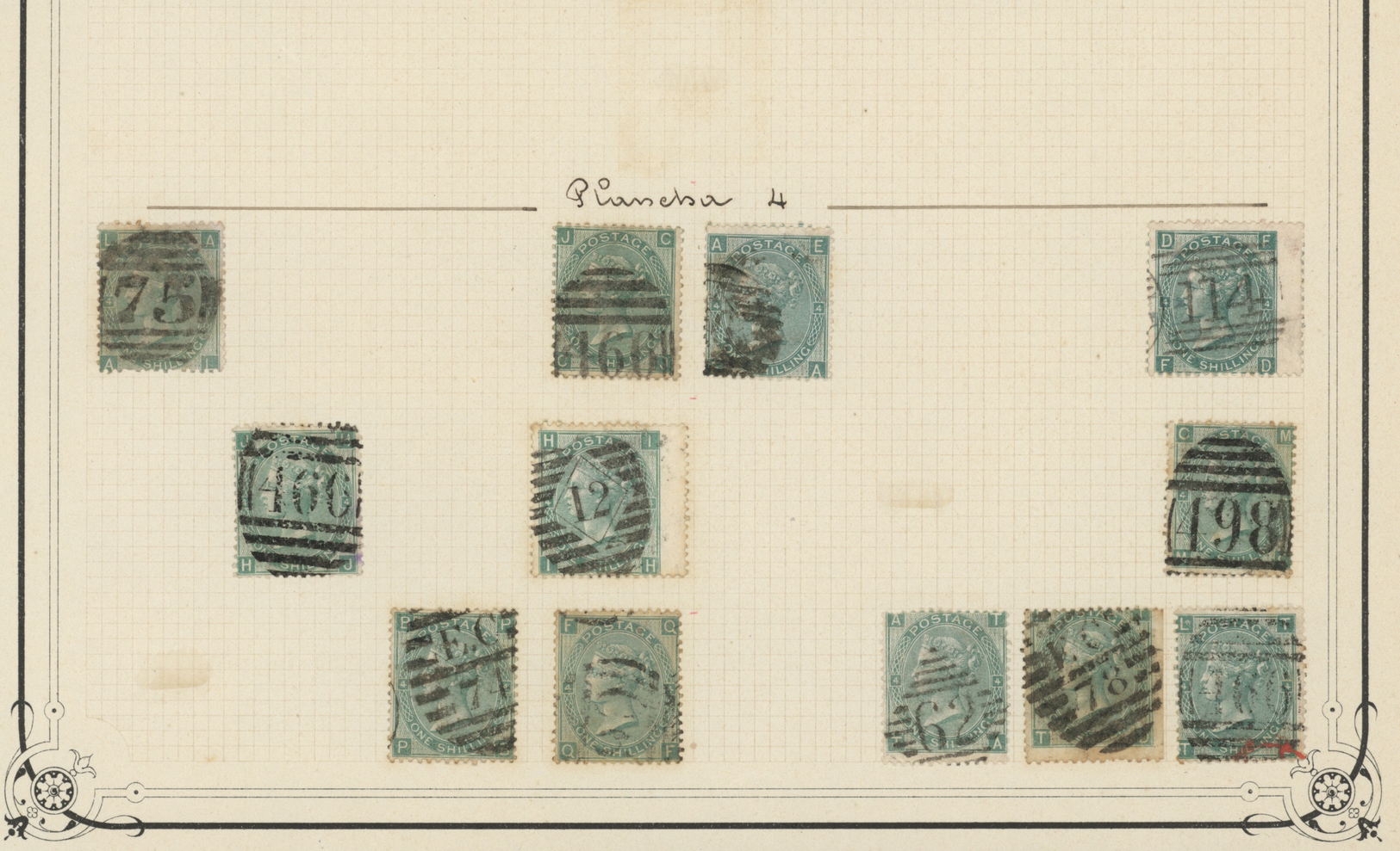 O Großbritannien: 1865, 1s. Green, Wm Emblems (SG 101), Specialised Assortment Of Twelve Stamps. - Andere & Zonder Classificatie