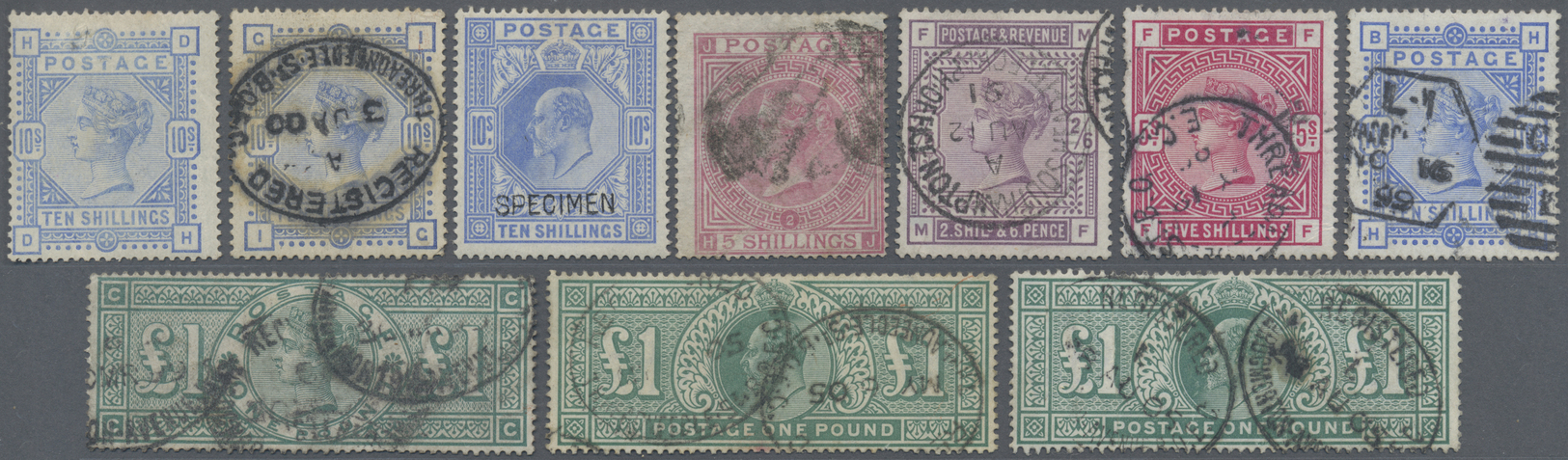 O/* Großbritannien: 1867/1910 (ca.), HIGH DENOMINATIONS QV AND KEVII, Mainly Used Accumulation Of 59 Sta - Other & Unclassified