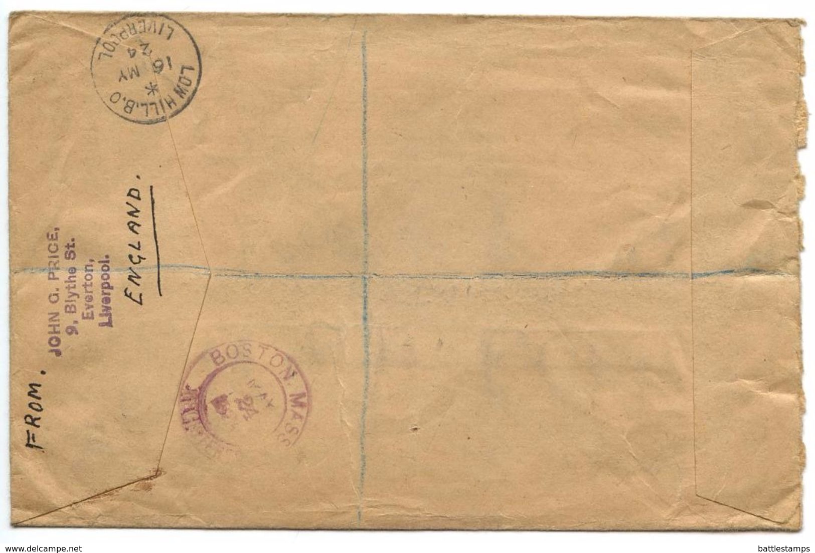 Great Britain 1924 Registered Cover Liverpool, Low Hill B.O. To Boston MA - Brieven En Documenten