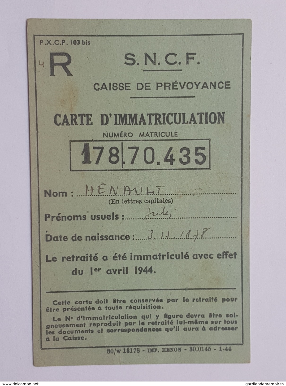 1944 SNCF Caisse De Prévoyance - Carte D'Immatriculation - Henault Jules - Pétanque