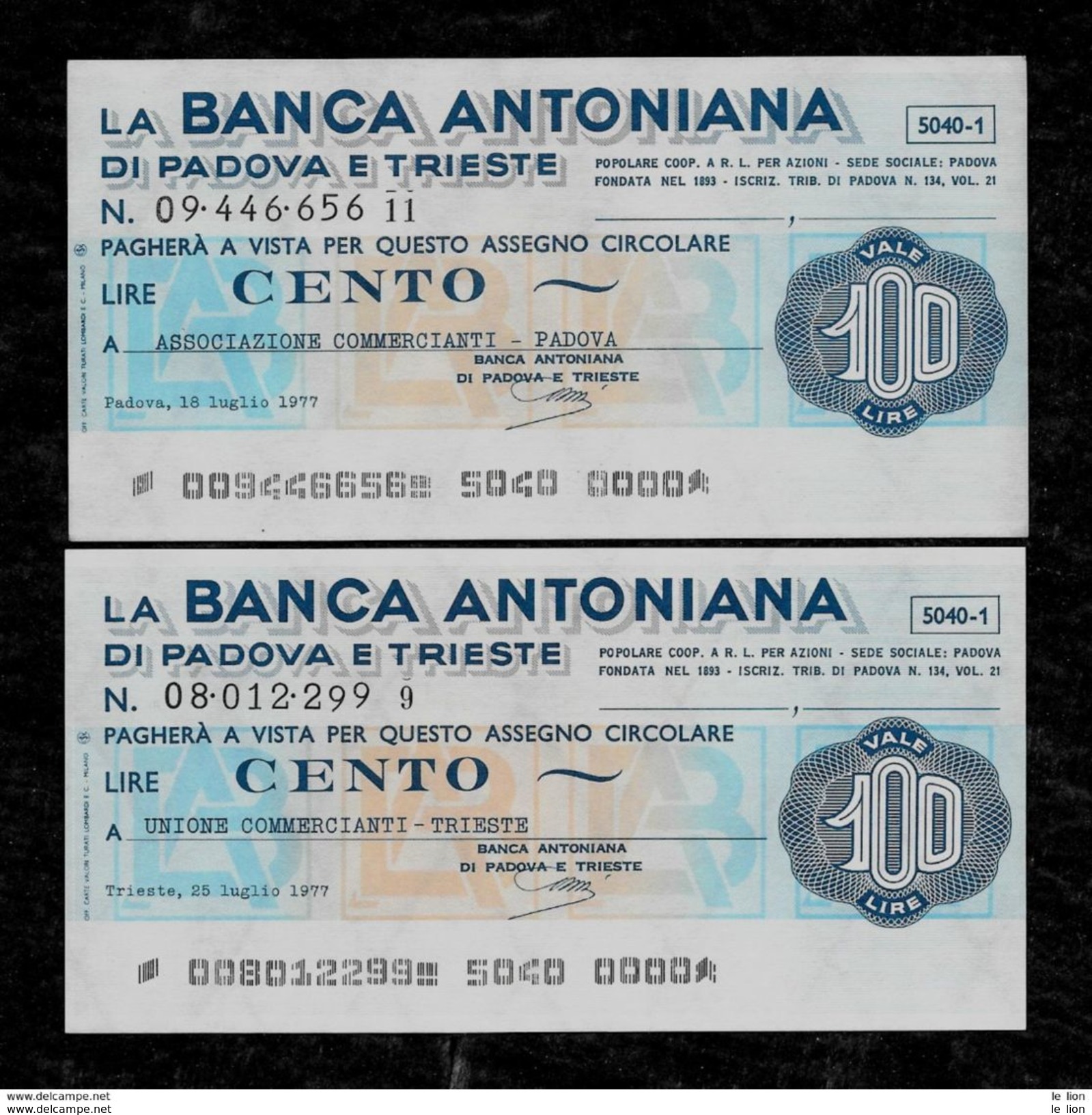 2 Mini Assegni Circolari BANCA ANTONIANA Assoc. Comm. Padova E Trieste - FDS - [10] Cheques Y Mini-cheques