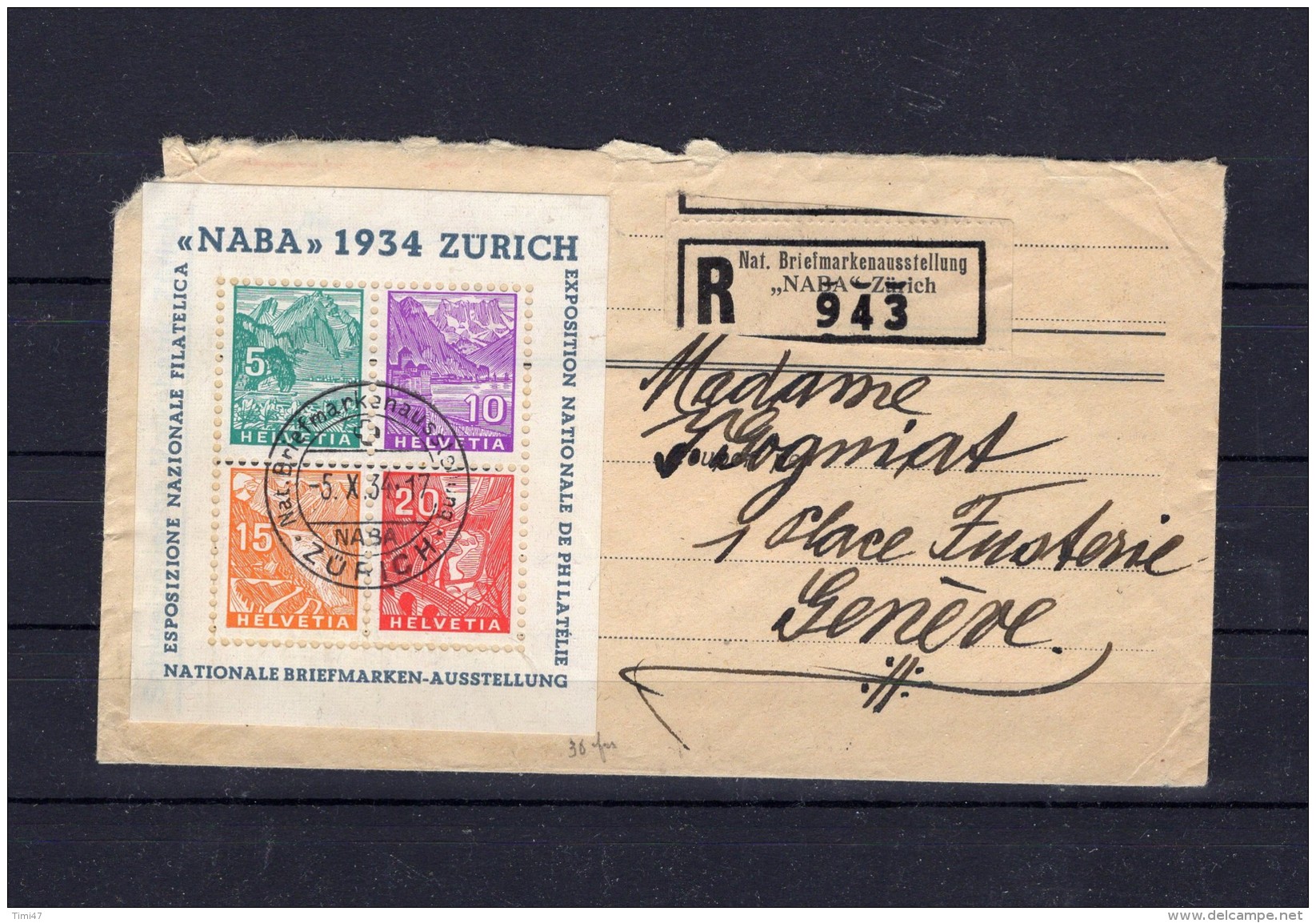 SUISSE   NABA 1934 Exposition Nationale De Philatélie  Enveloppe Entamée Mais Le Bloc Est Parfait Obl. Centrale 5.10.34 - Blocks & Sheetlets & Panes