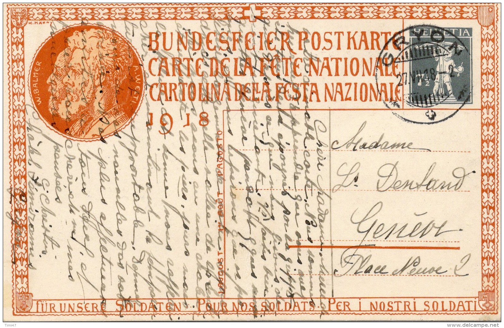 SUISSE  Carte Postale Fête Nationale 1918  Zumstein N° 20 Obl. 27.12.1918 GRYON - Covers & Documents
