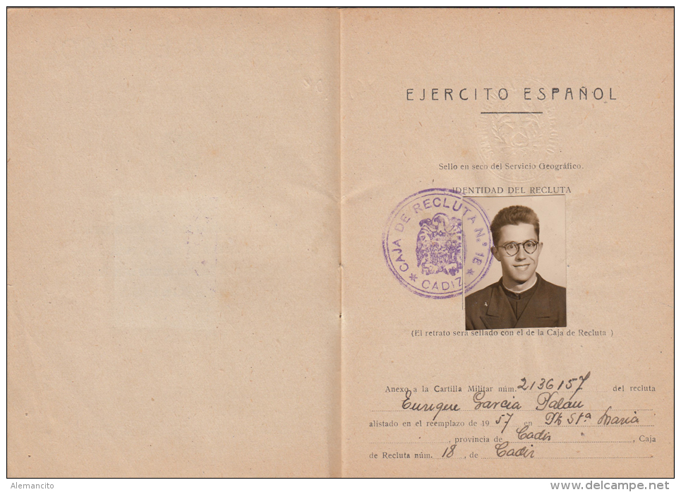 ESPAÑA  --  CARTILLA  MILITAR AÑO  1957  ALISTAMIENTO AL EJERCITO - 1939-45