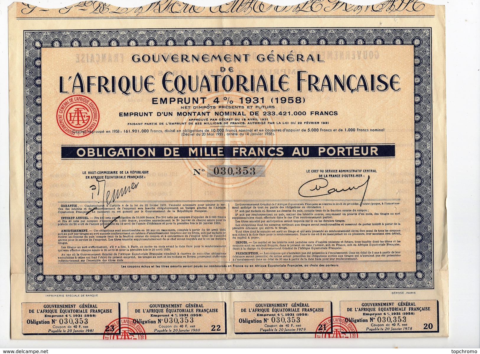 Gouvernement Général De L'Afrique Equatoriale Française Emprunt 4% 1931 Obligation De Mille Francs Au Porteur - Afrique