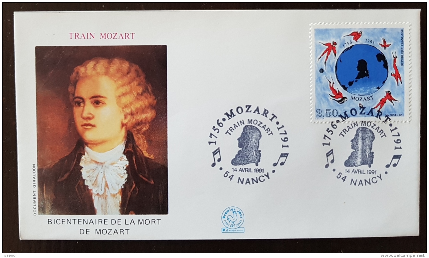 Bicentenaire Mort Mozart, Train Mozart Enveloppe NANCY 14.04.91 N°2695 Allégorie Illustration Portrait Du Musicien - Commemorative Postmarks