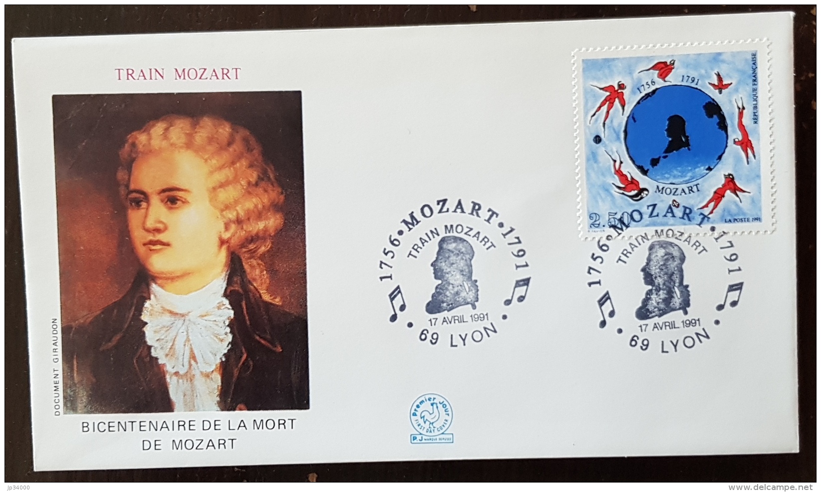 Bicentenaire Mort Mozart, Train Mozart Enveloppe LYON 17.04.91 N°2695 Allégorie Illustration Portrait Du Musicien - Commemorative Postmarks