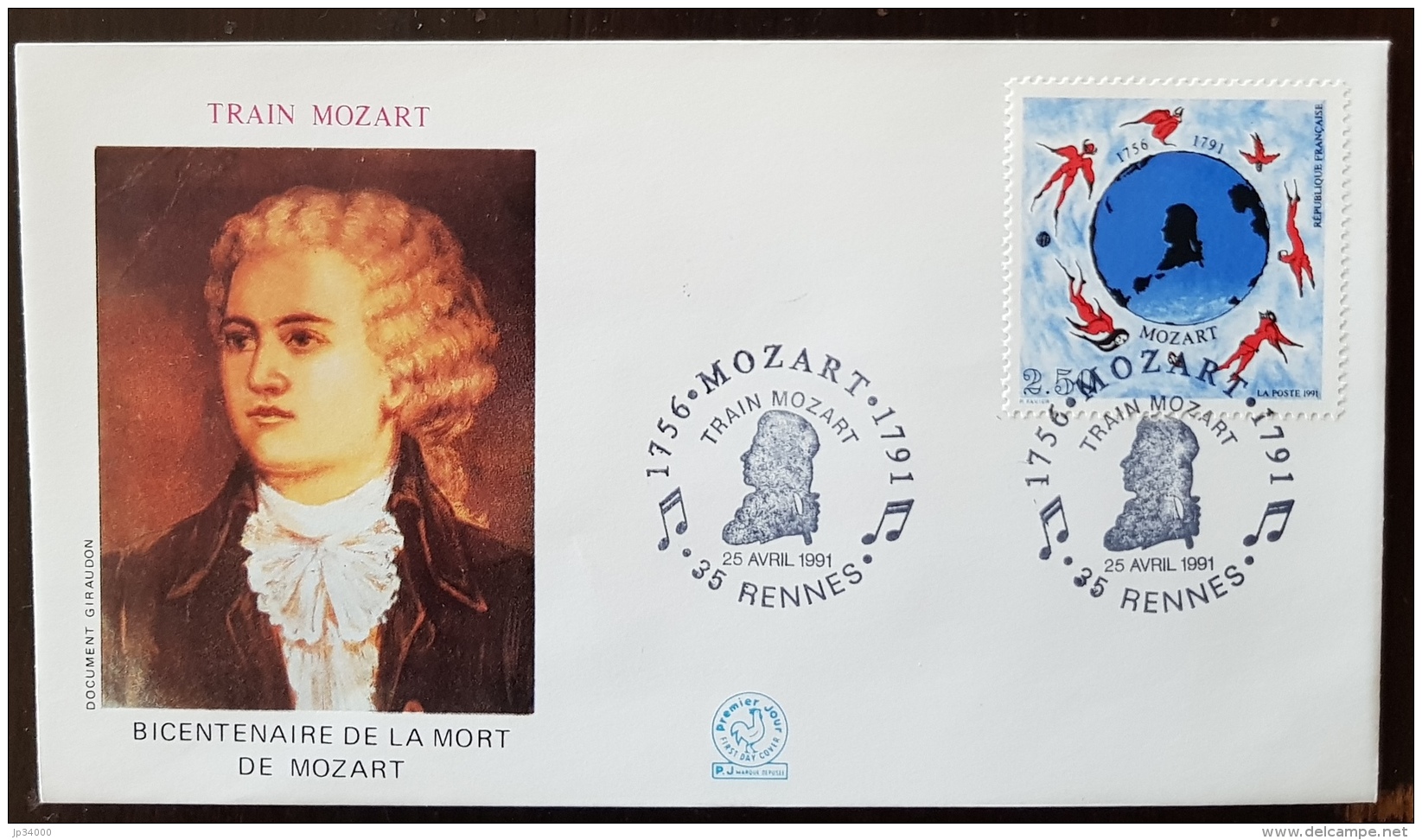 Bicentenaire Mort Mozart, Train Mozart Enveloppe RENNES 25.04.91 N°2695 Allégorie Illustration Portrait Du Musicien - Commemorative Postmarks