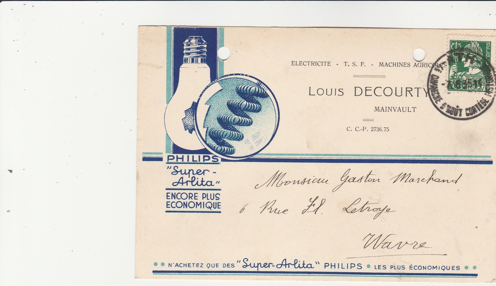 Mainvault ,carte Publicitaire ,Louis Decourty,électricité ,T.S.F.,machine Agricole ,lampe Philips (ATH) - Ath