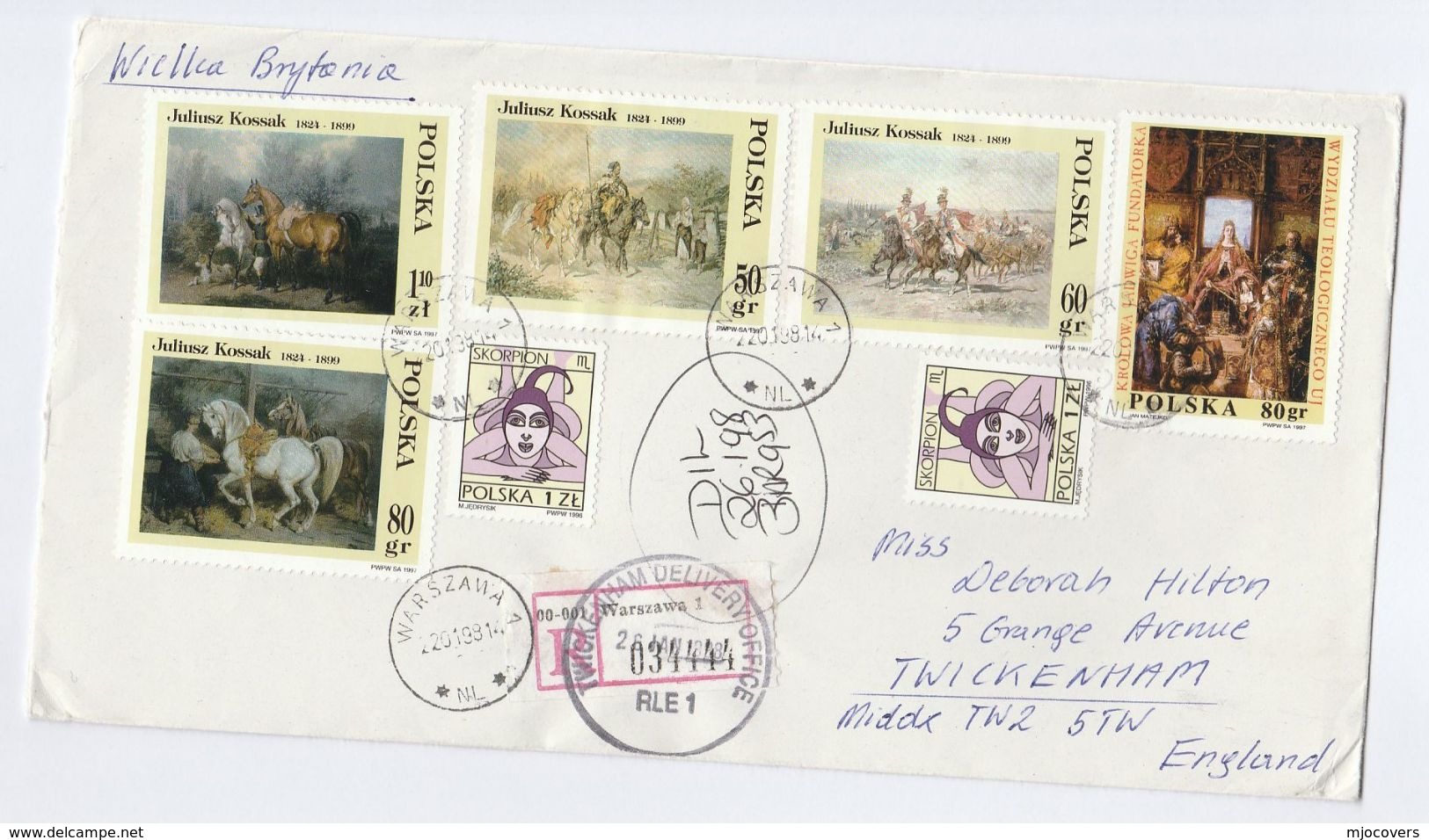 1998 Registered POLAND COVER Multi Stamps KOSSAK ART, HORSES Horse Religion To GB - Chevaux