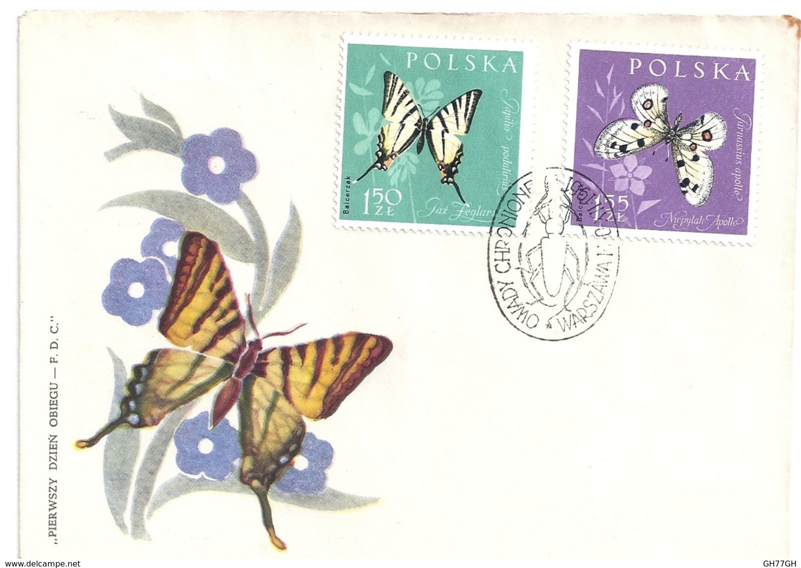 2 Timbres Polska Sur Enveloppe -papilio Podalirius -parnassius Apollo -obl. 1961 - Covers & Documents