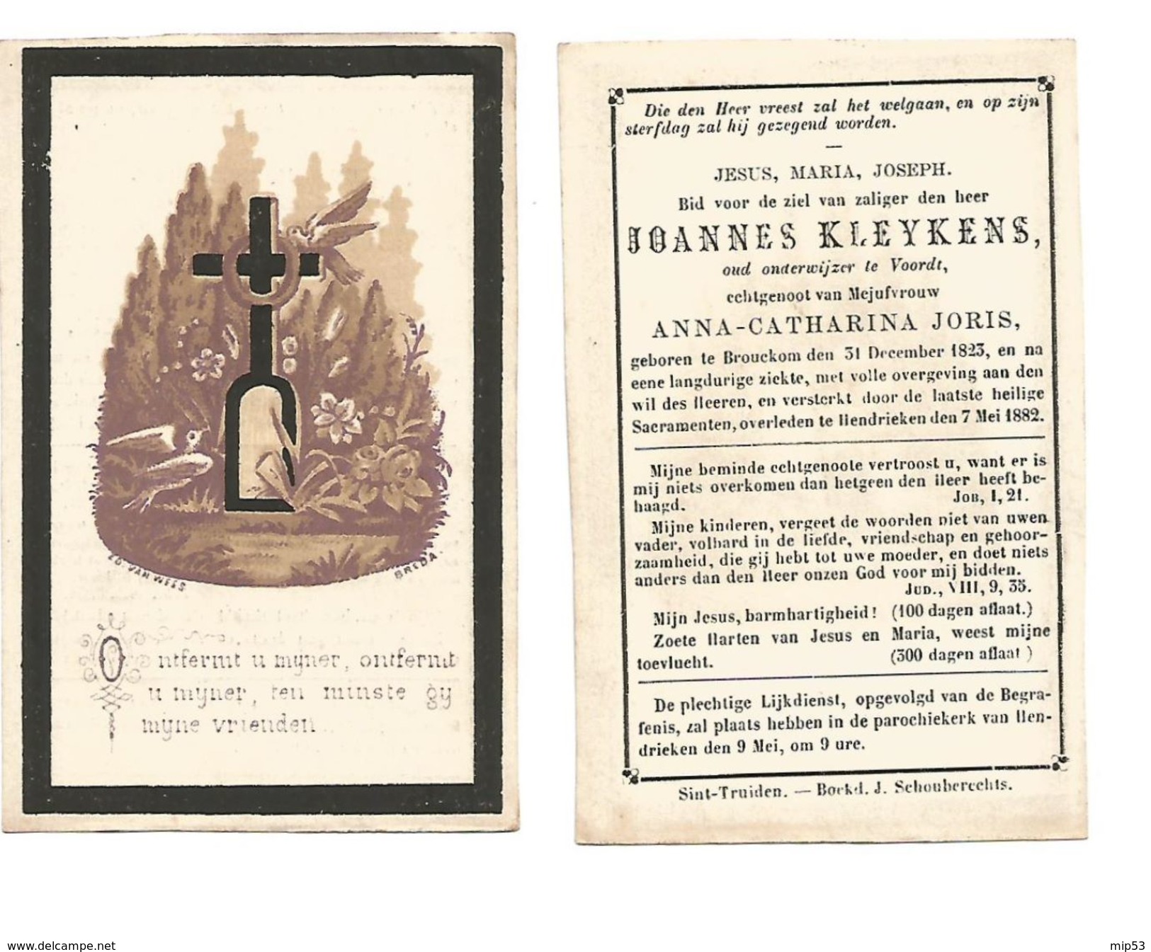 587. JOANNES KLEYKENS - Oud-onderwijzer VOORDT - °BROUCKOM 1825 / + HENDRIEKEN 1882 - Images Religieuses