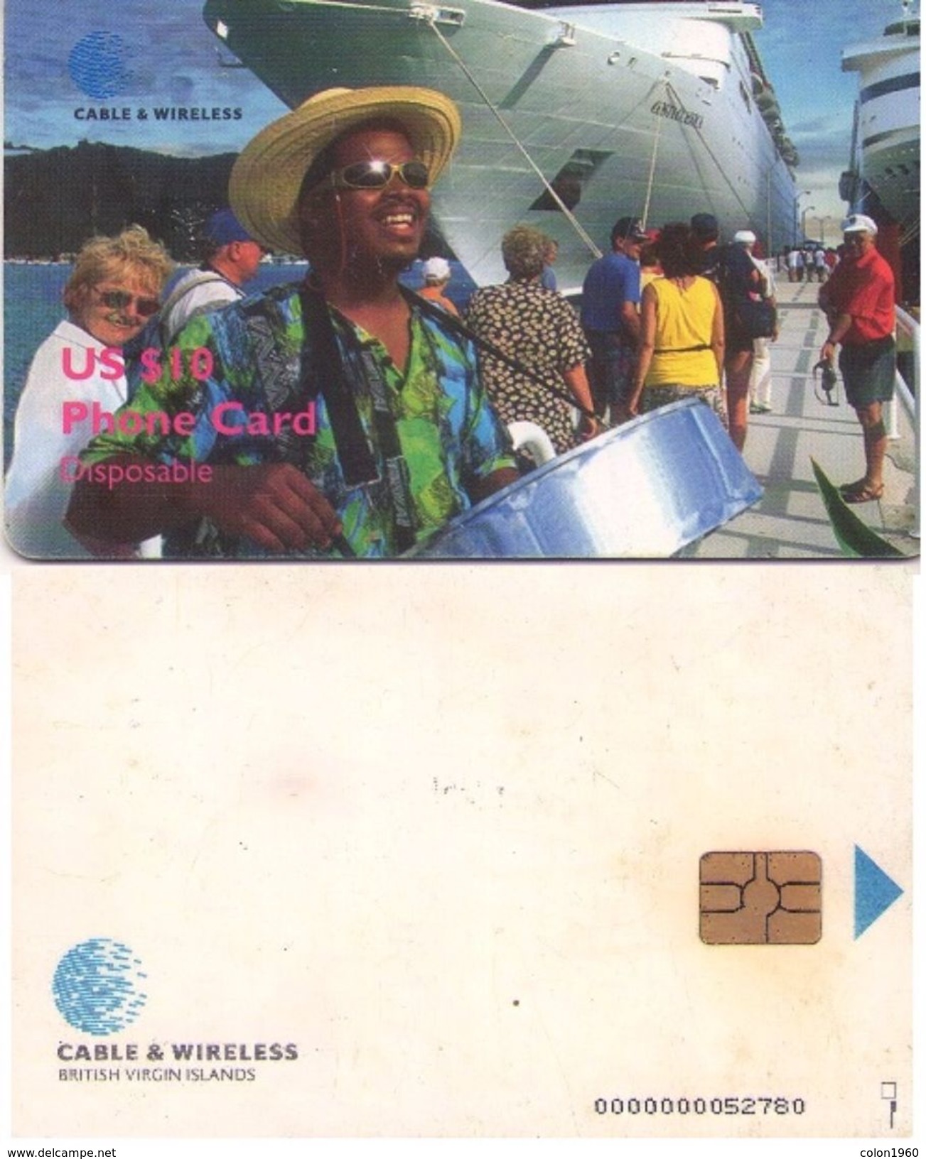 ISLAS VIRGENES BRITANICAS. Man Drums Cruiseship (Chip On Back). 1998. VG-C&W-CHP-0001. (876) - Islas Virgenes