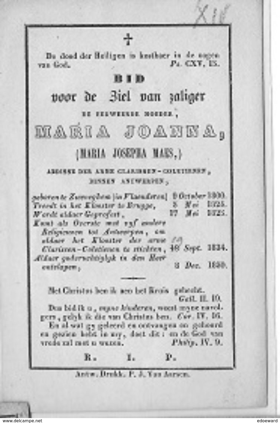 DP BB   STE BARBE  ° ZWEVEGEM 1800 +ANTWERPEN 1850 E.MOEDER MARIA JOANNA=MARIA MAES   ABDIS CLARISSEN .... - Godsdienst & Esoterisme