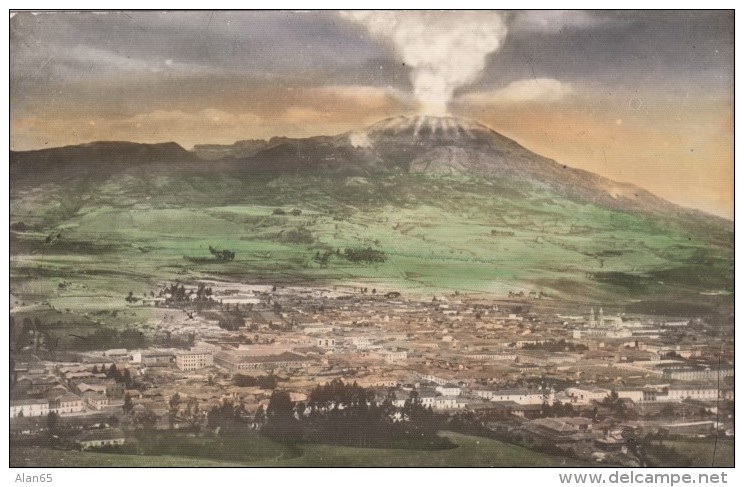 Pasto Colombia, Panoramic Town View Galeras Volcano Eruption Smoke And Ash, C1940s Vintage Colorized Real Photo Postcard - Colombia