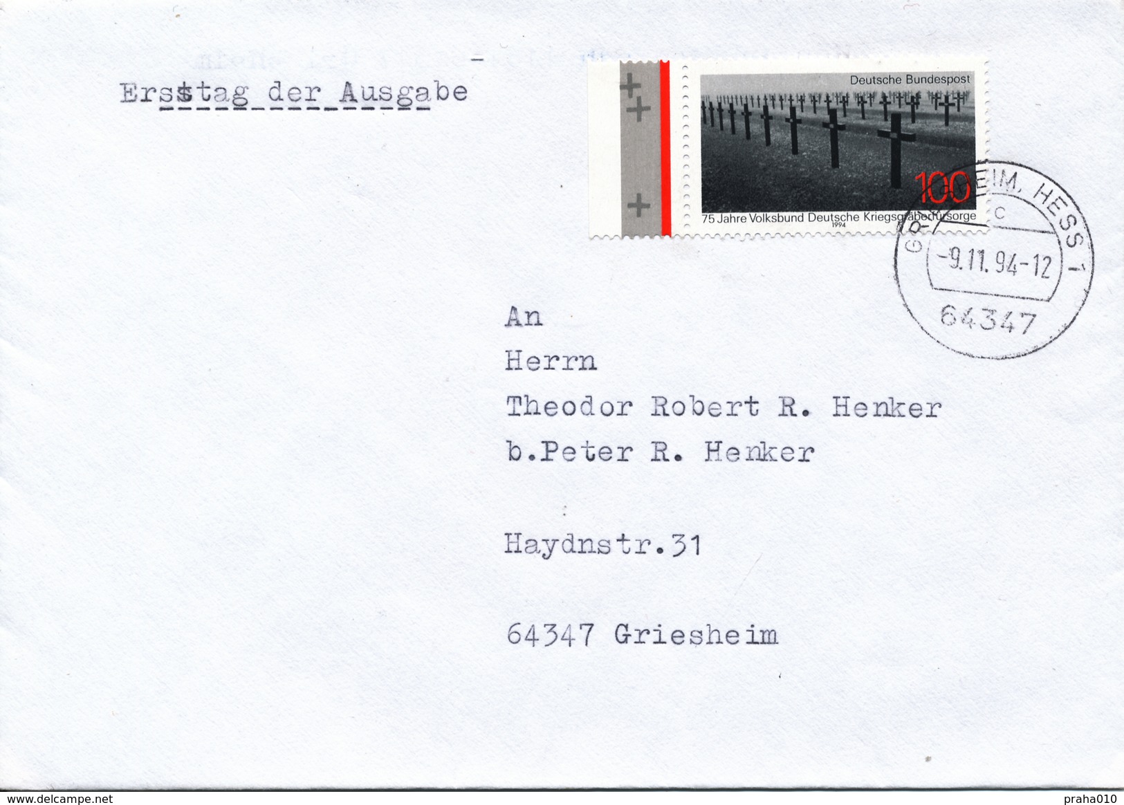 L4369 - BRD (1994) 64347 Griesheim, Hess 1 (letter); Tariff: 100 Pf; Stamp: 75 Years Of The German War Graves Society - 1. Weltkrieg