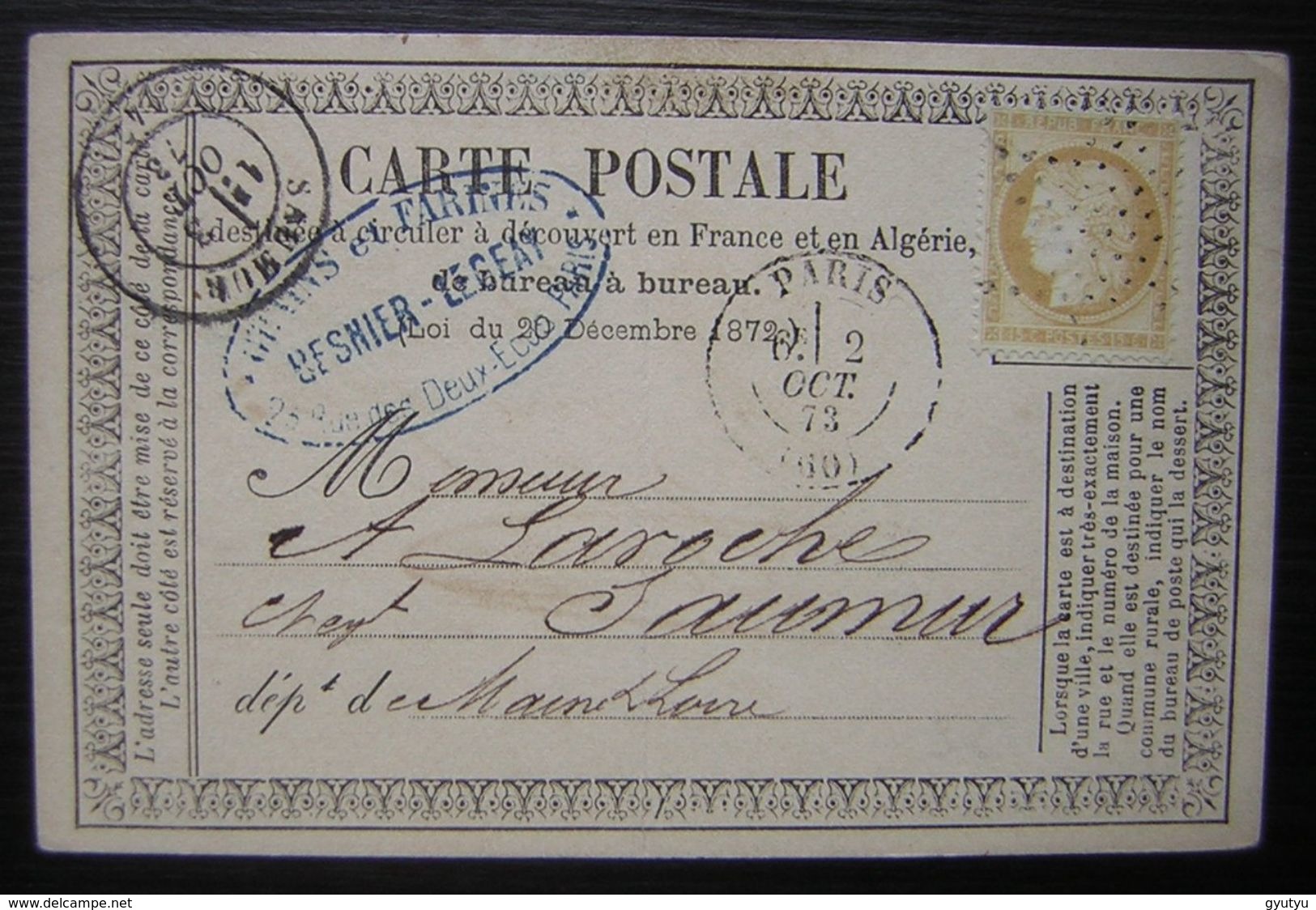 1873 Paris (Etoile) Carte Postale De Besnier Legeay Grains Et Farines Pour Saumur  (Maine Et Loire) - 1849-1876: Classic Period