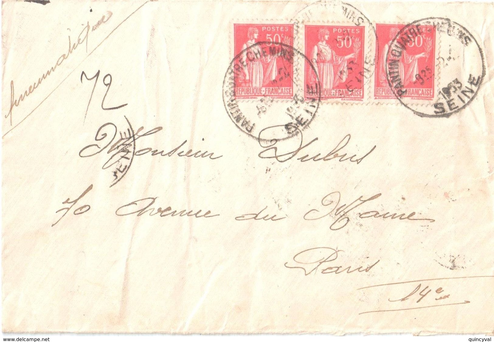 4104 PANTIN 4 CHEMINS Pneumatique 50 C Paix Yv 283 Ob 2 2 1933 - Lettres & Documents