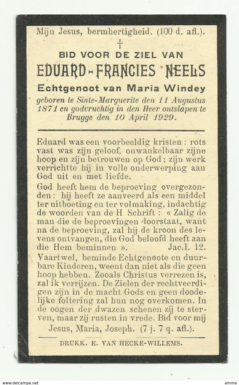 Doodsprentje  * Neels Eduard-Francies  (° Sinte-Marguerite 1871  / + Brugge 1929 ) X  Windey Maria - Godsdienst & Esoterisme