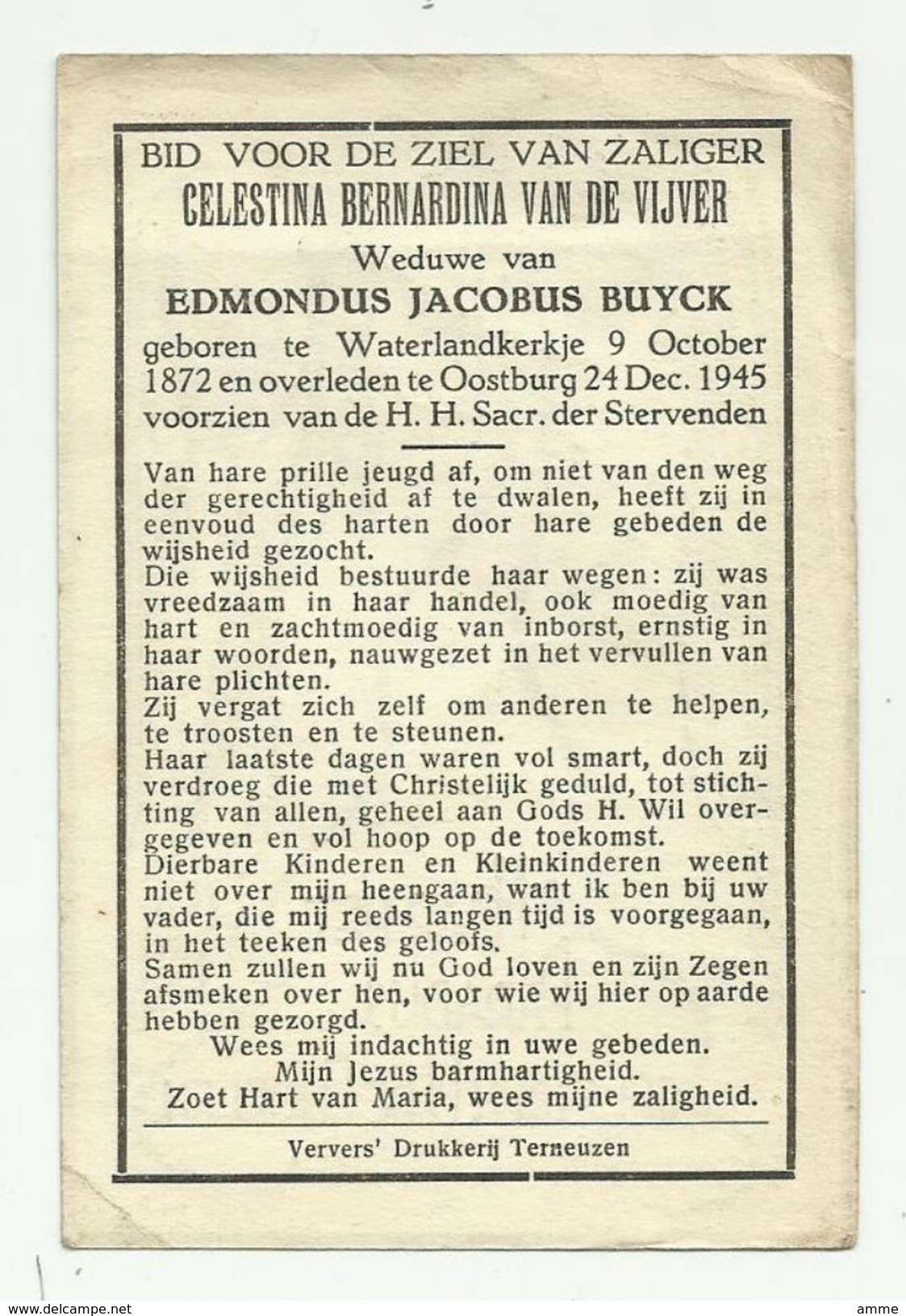 Doodsprentje  * VanDe Vijver Celestina   (° Waterlandkerkje 1872  / + Oostburg 1945 ) X  Buyck Edmondus - Godsdienst & Esoterisme