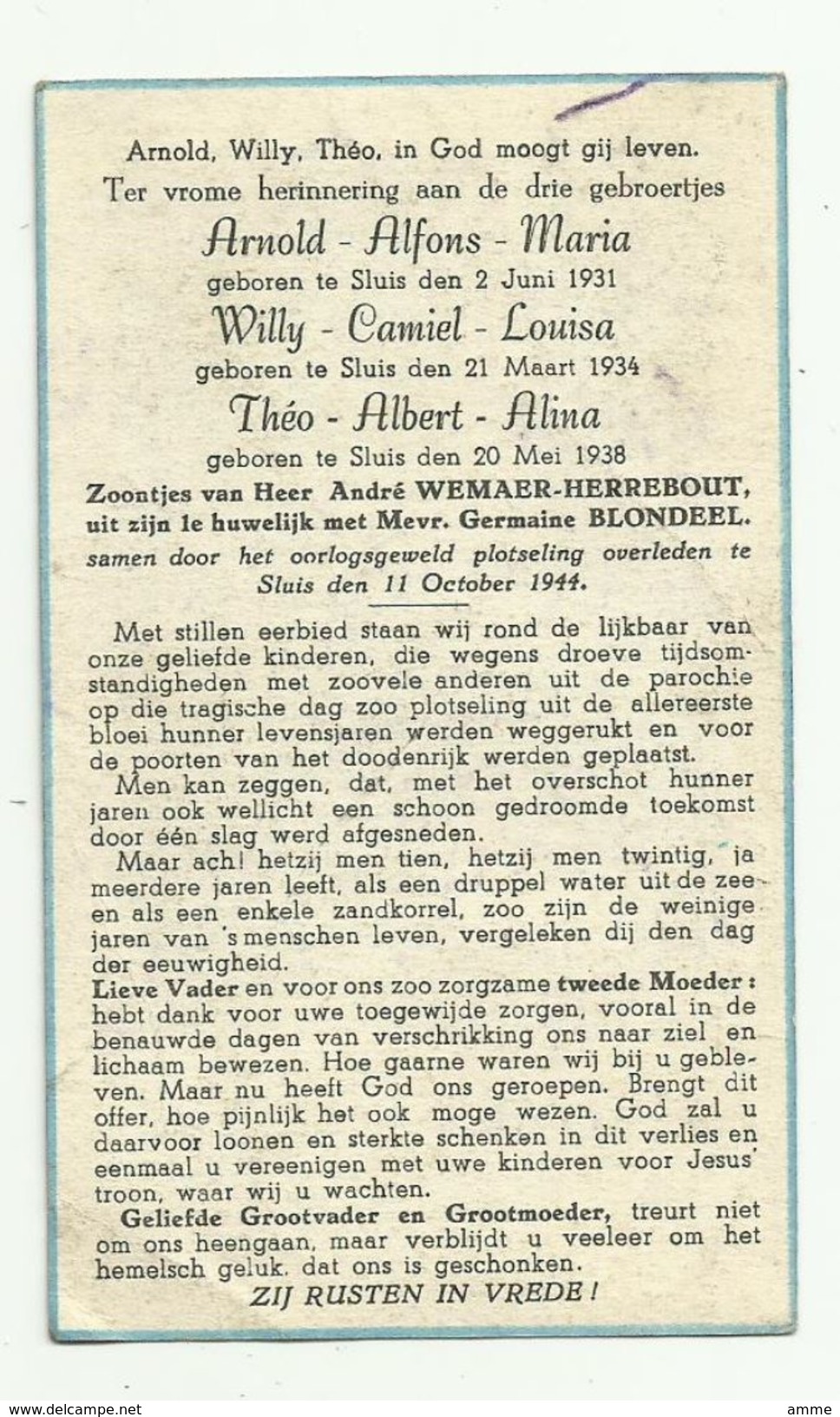 Doodsprentje  *  Arnold - Willy - Théo Wemaer - Herrebout / Blondeel (° Sluis  / +  Oorlogsslachtoffers 11/10/1944) - Godsdienst & Esoterisme