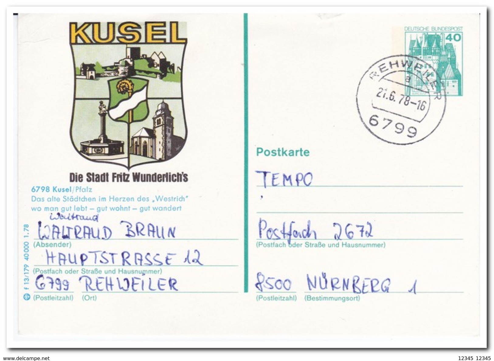 Stempel Rehweiler 21.6.78-16 - Postkaarten - Gebruikt