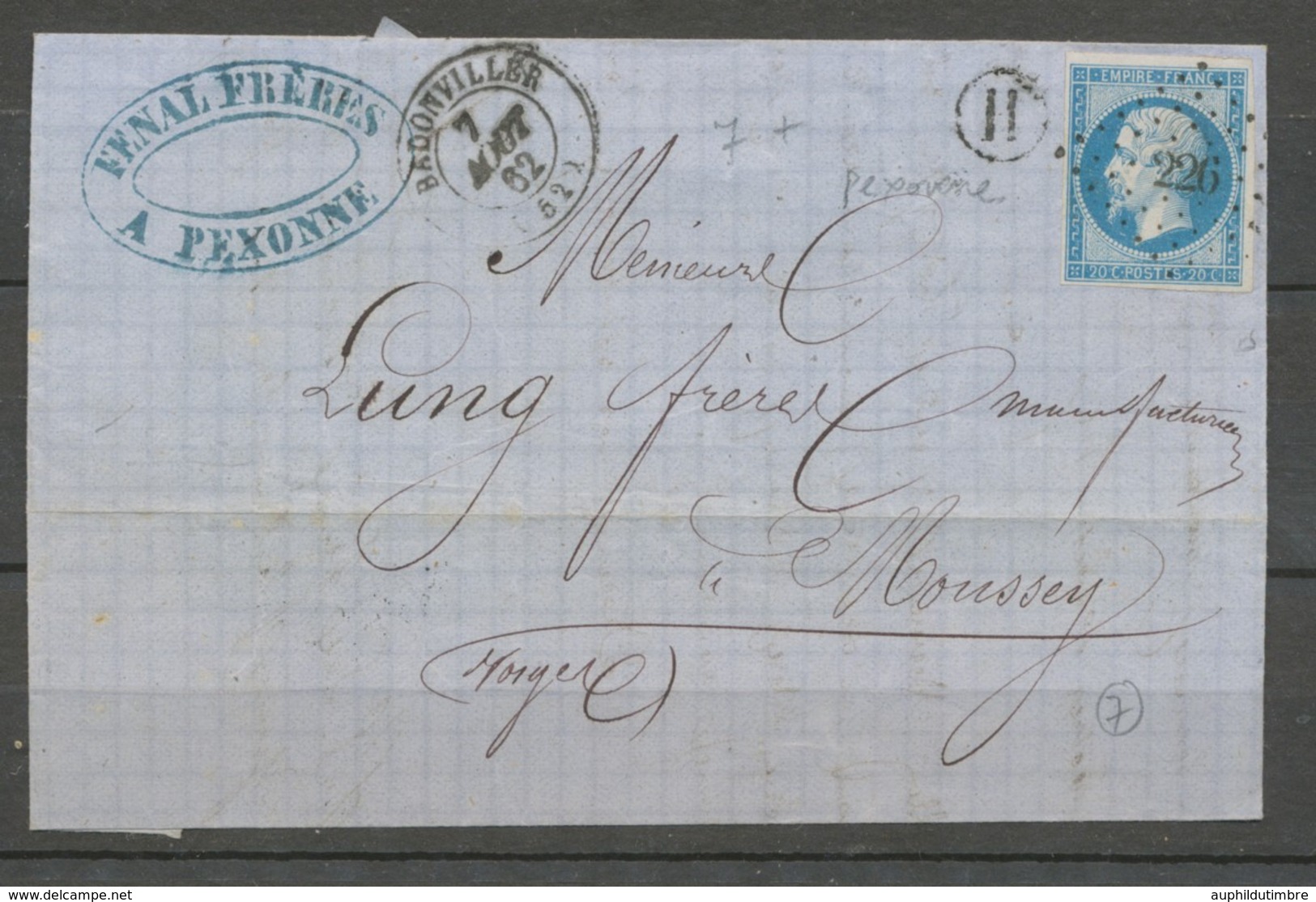 1862 Devant Lettre N°14 PC226 BADONVILLER + BR H PEXONNE.  MEURTHE(52) X1656 - 1849-1876: Période Classique