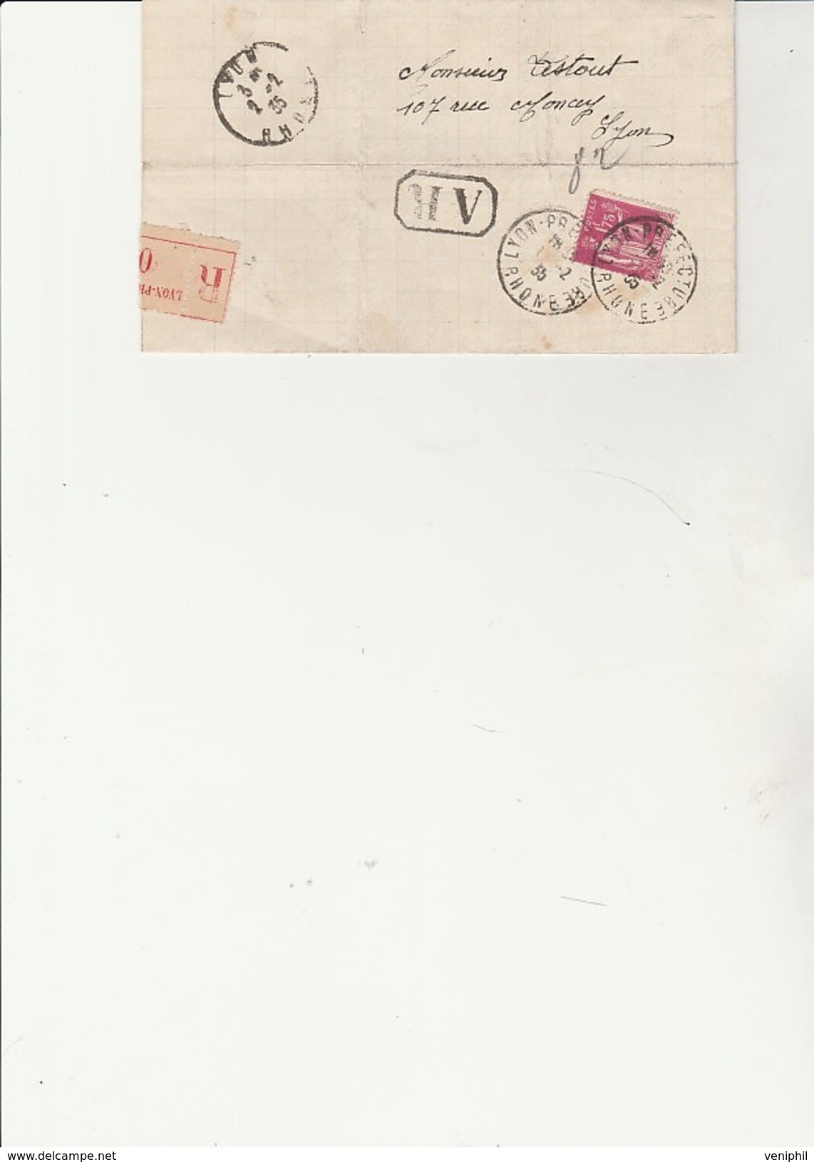 LETTRE RECOMMANDEE  AFFRANCHIE TYPE PAIX N° 289 -  CACHET A DATE  LYON -PREFECTURE- ANNEE 1935 - 1921-1960: Moderne