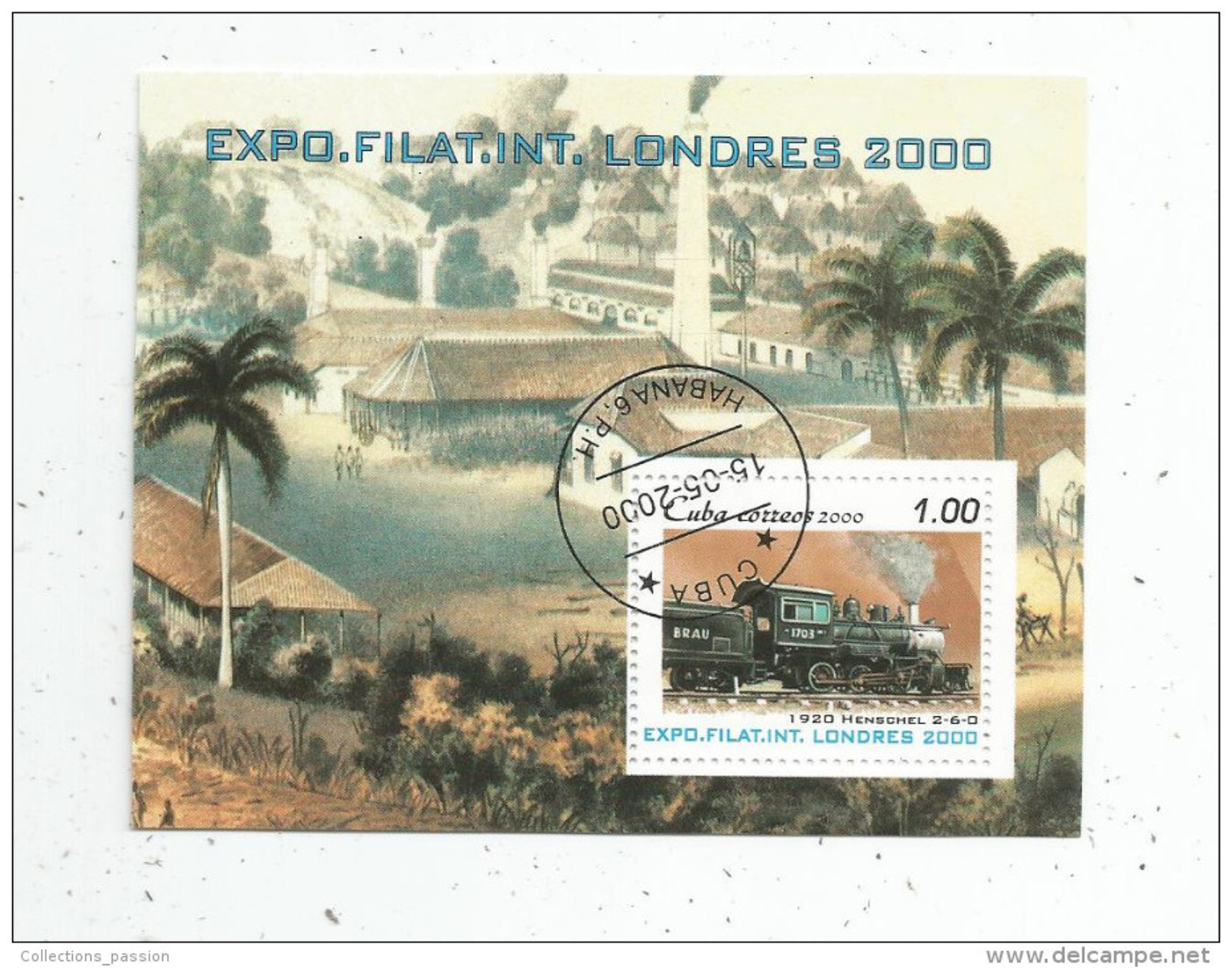 Timbre , LOCOMOTIVE Henschel 1920 , EXPO. FILAT. INT. LONDRES 2000 , Cuba - Trenes