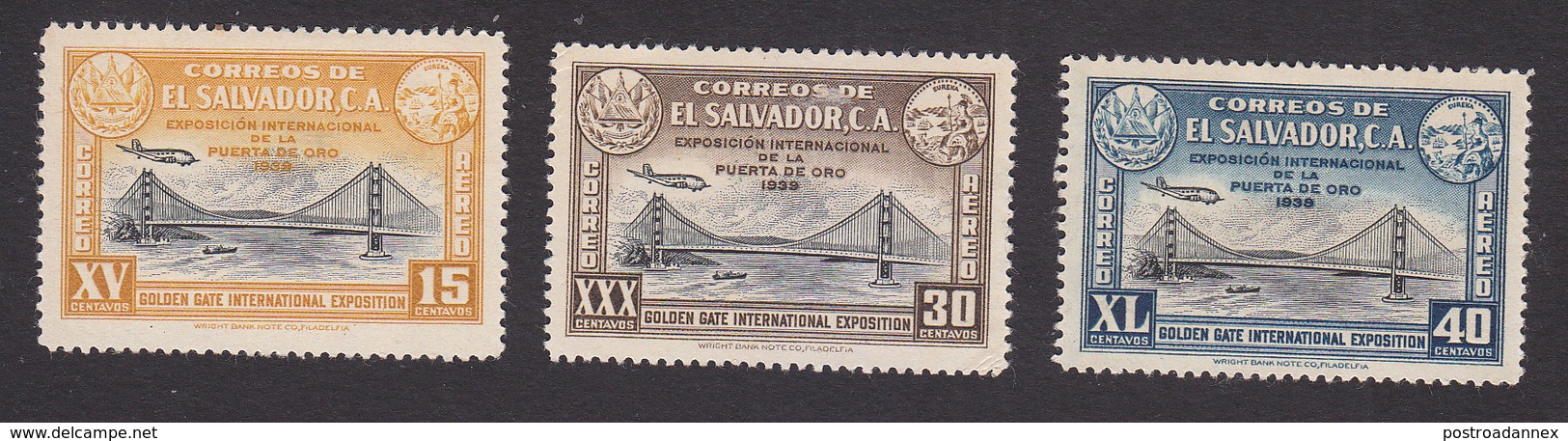 El Salvador, Scott #C66-C68, Mint Hinged, Golden Gate Bridge, San Francisco Bay, Issued 1939 - El Salvador