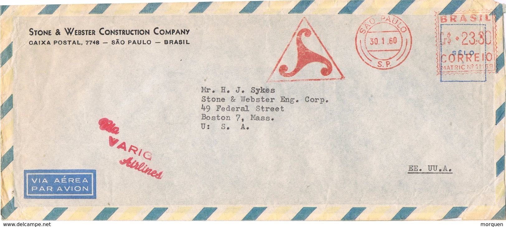 25728. Carta Aerea SAO PAULO (Brasil) 1960. Via VARIG Airlines - Cartas & Documentos