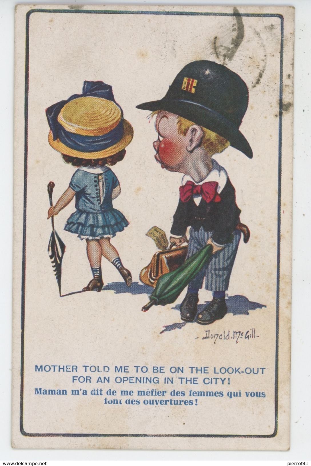ENFANTS - Jolie Carte Fantaisie Enfants "Mother Told Me To Be On The Look-out For An Opening In.." Signée DONALD MC GILL - Mc Gill, Donald
