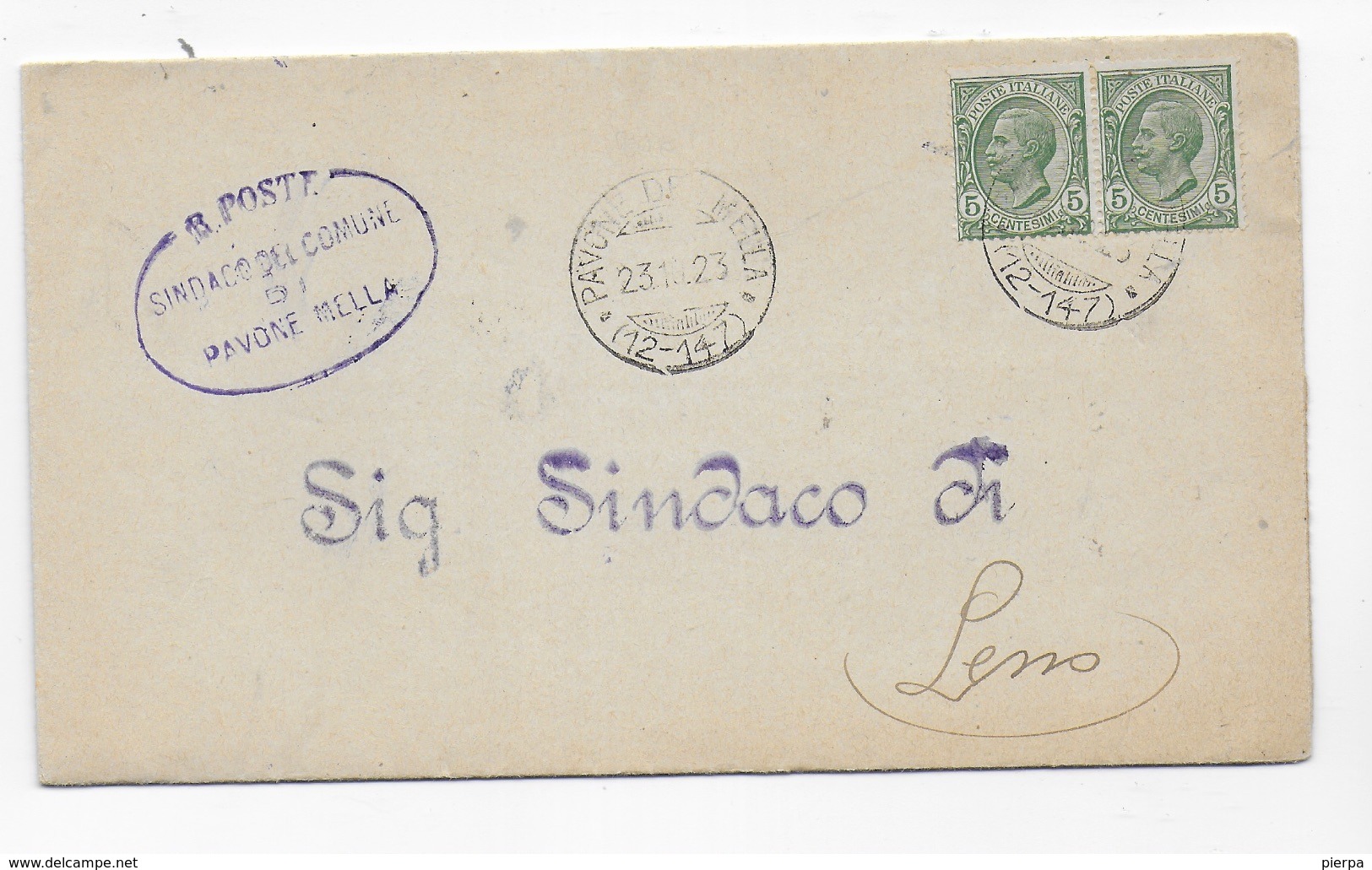 STORIA POSTALE REGNO - ANNULLO FRAZIONARIO OSPITALETTO (BS) 12-137+ LENO 12-100 SU PIEGO DA BRESCIA 23.10.1923 - Marcophilia