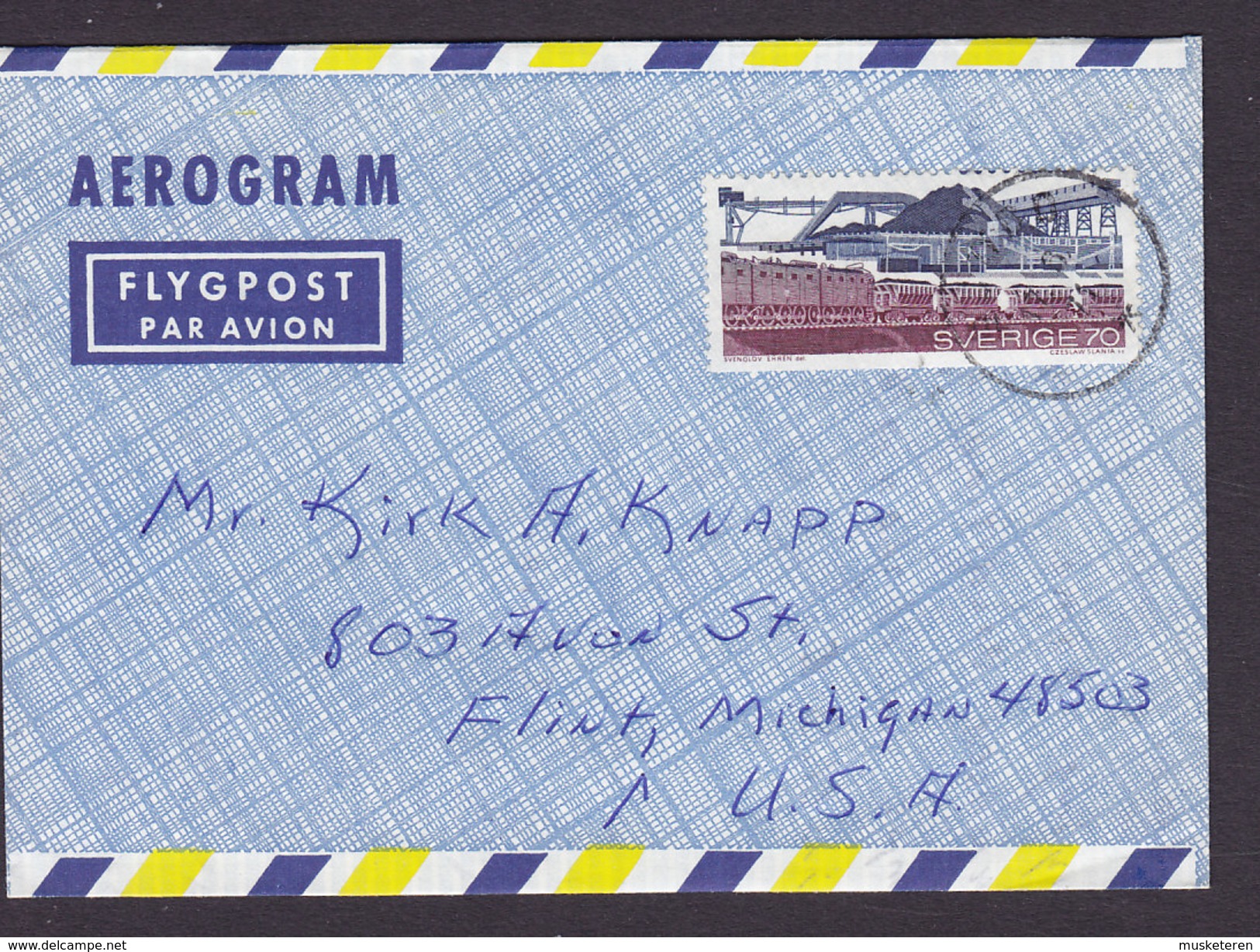 Sweden Flygpost Luftpost Aerogram Aerogramme SJÖBY 1971 Cover Brief FLINT Michigan USA Cz. Slania Stamp - Briefe U. Dokumente