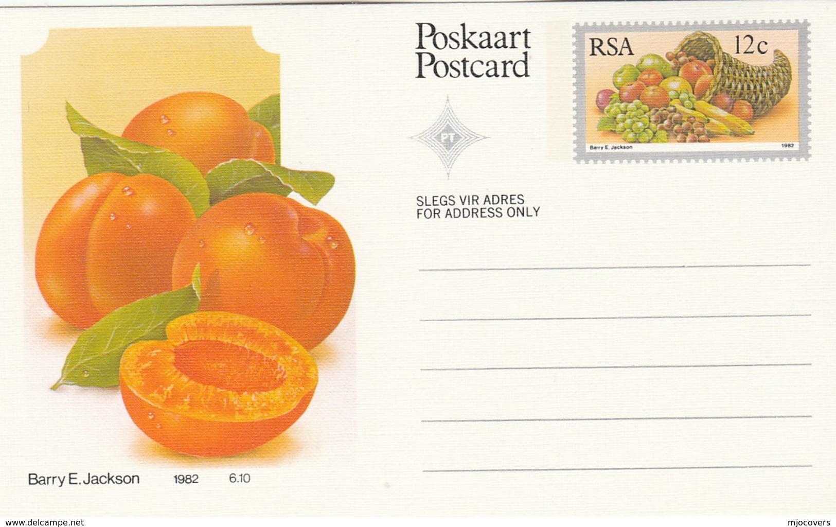 12c SOUTH AFRICA Postal STATIONERY CARD Illus APRICOT FRUIT Cover Stamps Rsa Grapes  Banana - Fruits