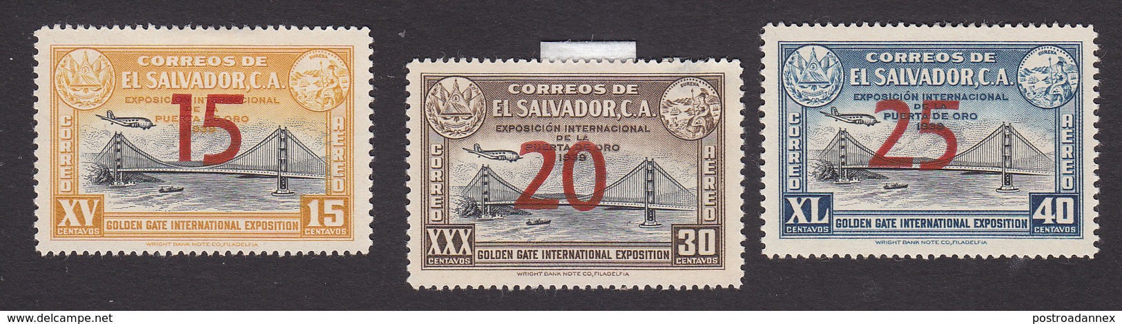 El Salvador, Scott #C86-C88, Mint Hinged, Bridges Surcharged, Issued 1943 - El Salvador