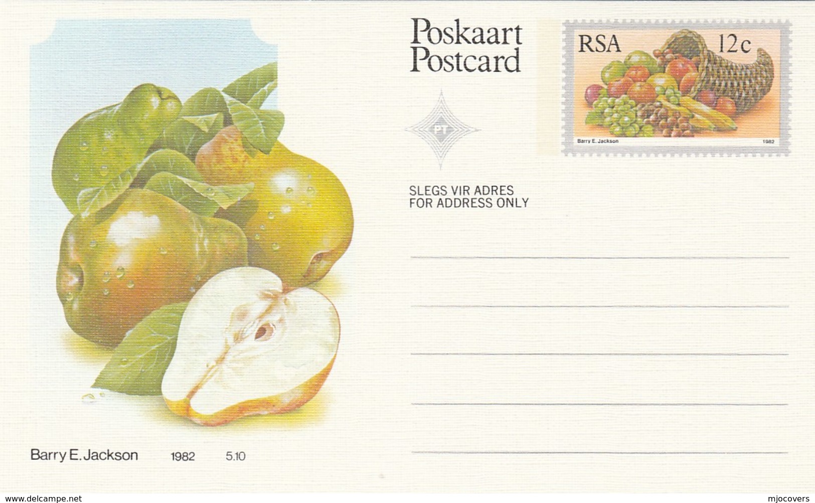 12c SOUTH AFRICA Postal STATIONERY CARD Illus PEAR FRUIT Cover Stamps Rsa Grapes  Banana - Fruits