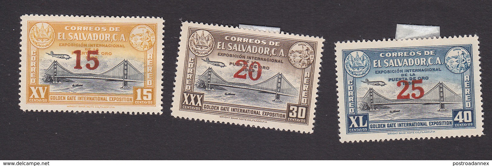 El Salvador, Scott #C89-C91, Mint Hinged, Bridges Surcharged, Issued 1944 - El Salvador