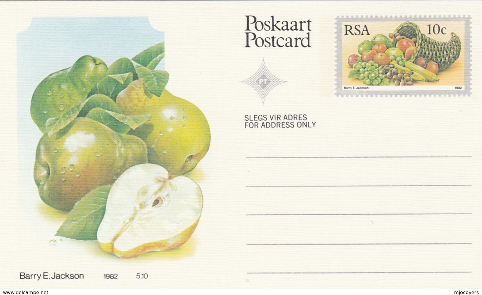 10c SOUTH AFRICA Postal STATIONERY CARD Illus PEAR FRUIT Cover Stamps Rsa Grapes  Banana - Fruits