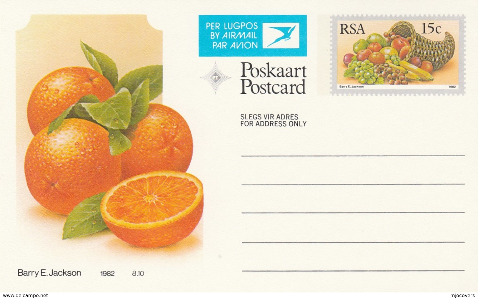 15c SOUTH AFRICA AIRMAIL Postal STATIONERY CARD Illus ORANGES FRUIT Cover Stamps Rsa Grapes  Banana - Fruits