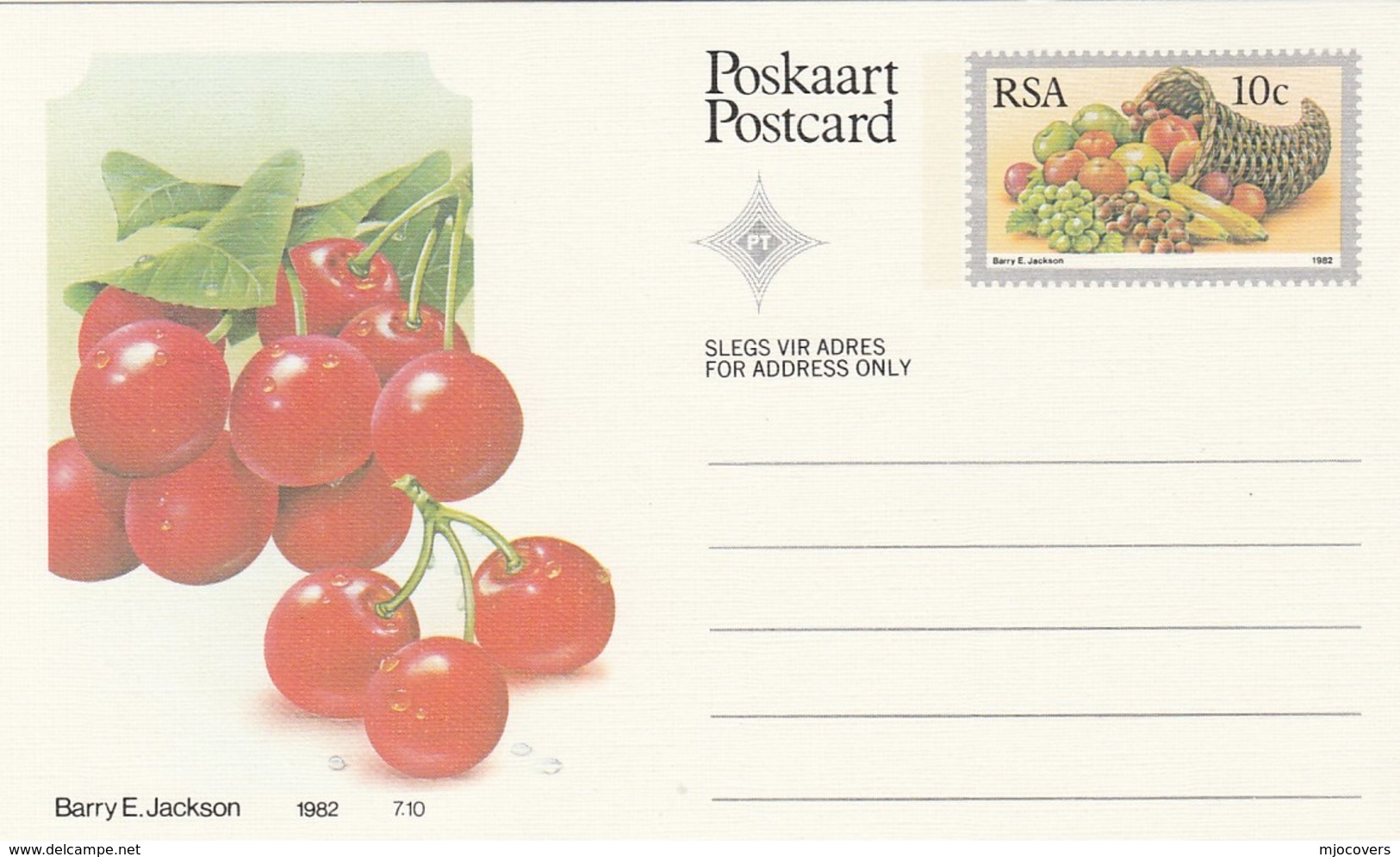 10c SOUTH AFRICA  Postal STATIONERY CARD Illus CHERRIES FRUIT Cover Stamps Rsa Grapes  Banana - Fruits