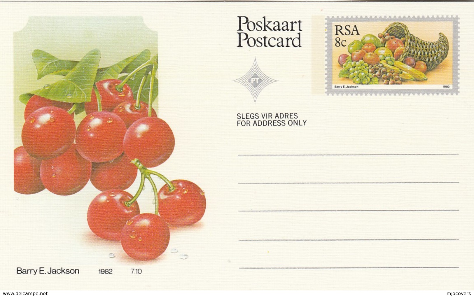 8c SOUTH AFRICA  Postal STATIONERY CARD Illus CHERRIES FRUIT Cover Stamps Rsa Grapes  Banana - Fruits