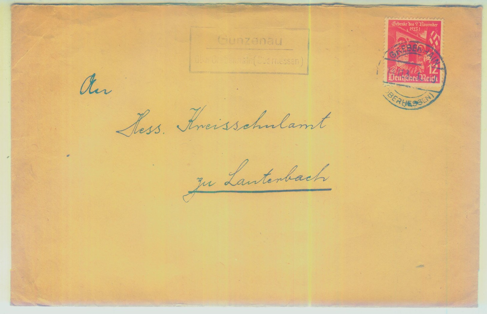 Landpoststempel "Gunzenau über Grebenhain (Oberhessen) Fernbrief An Das Kreisschulamt Lauterbach - Maschinenstempel (EMA)