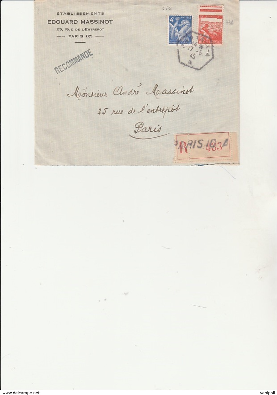 LETTRE RECOMMANDEE  AFFRANCHIE  N° 656 + N° 736  CAD HEXAGONAL PARIS 10-A  1945 - 1921-1960: Période Moderne